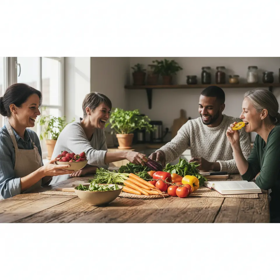 Embracing a Colorful Variety: A vibrant, rainbow-hued arrangement of fresh produce—bright red strawberries and tomatoes, orange carrots, yellow bell peppers, green spinach leaves, and deep purple eggplant—assembled on a wooden table to showcase five different phytonutrient-rich colors in one visually striking spread.
