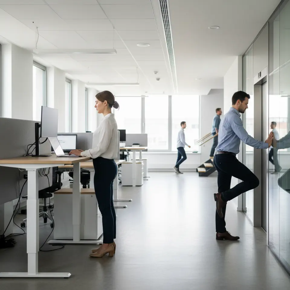 Everyday Movement Integration: An office environment scene where a professional alternates between standing at a height-adjustable desk, taking brief walking breaks in the hallway, performing calf raises beside their workstation, and choosing stairs over an elevator—illustrating simple micro-movements woven into a typical sedentary day.