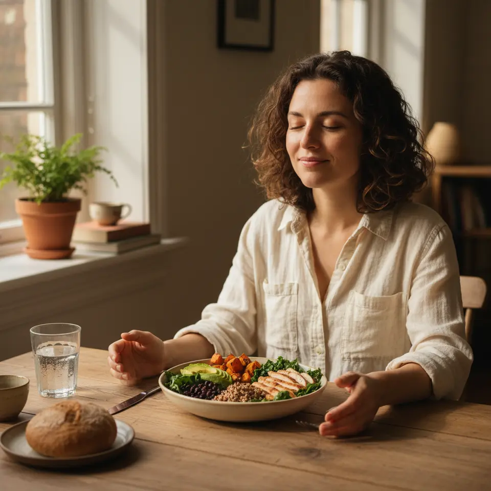 Mindful eating scene: a person seated at a simple, distraction-free table with a colorful meal of leafy greens, whole grains, and lean protein, pausing between bites to inhale the aroma and appreciate the textures—utensils set aside, eyes closed in gratitude, soft natural light highlighting each ingredient