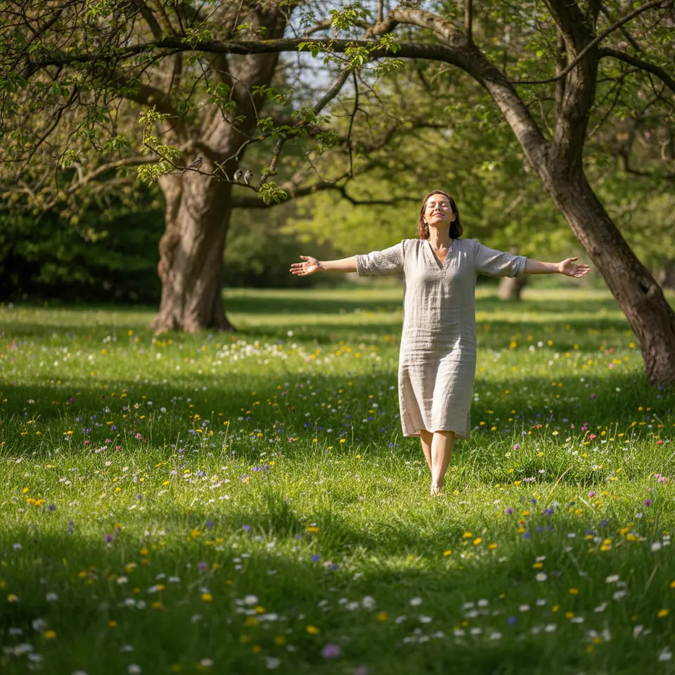 Nature connection and grounding: an individual walking barefoot on lush grass in a sunlit park, surrounded by trees and wildflowers, pausing to breathe deeply with arms outstretched—birds perched nearby, dappled sunlight through leaves, and a sense of calm immersion in the natural environment