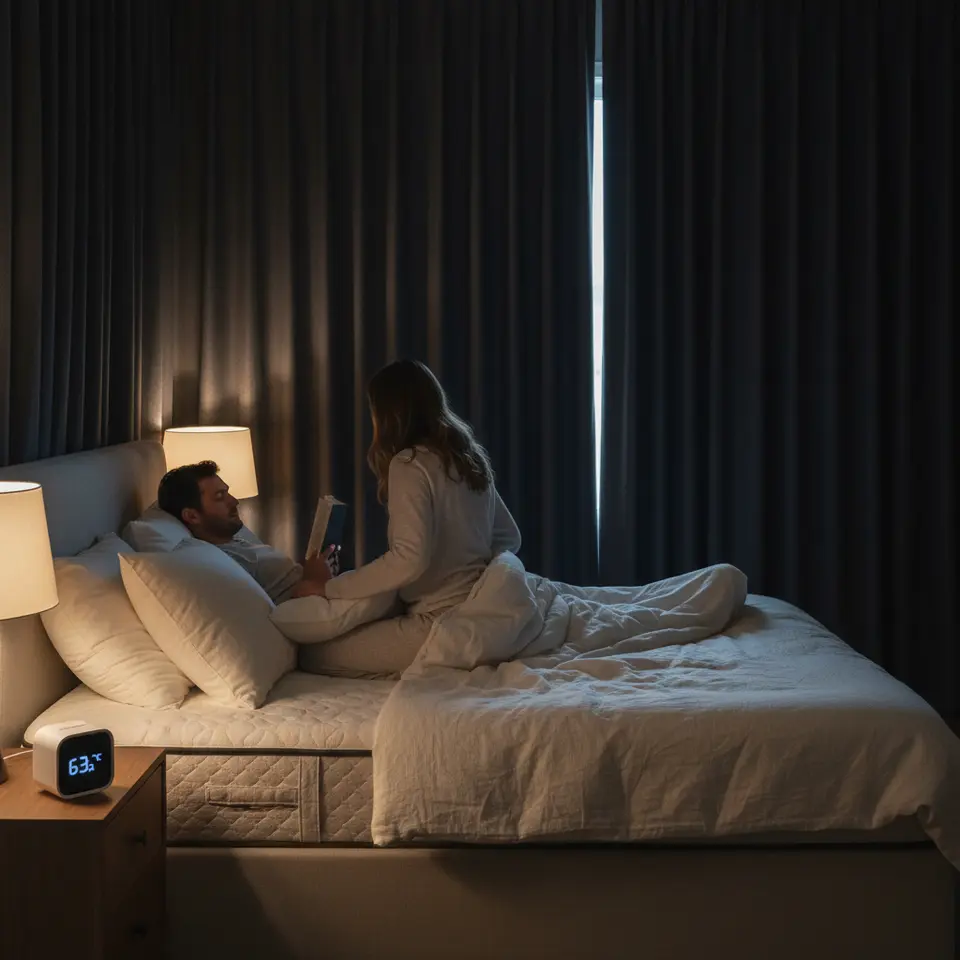 A serene, optimized bedroom environment: a cool-temperature display reading 60–67°F, blackout curtains drawn over a dark window, a white-noise machine on a nightstand, a supportive mattress with pillows, and soft ambient lighting to convey the ideal sensory setup for deep, uninterrupted rest.