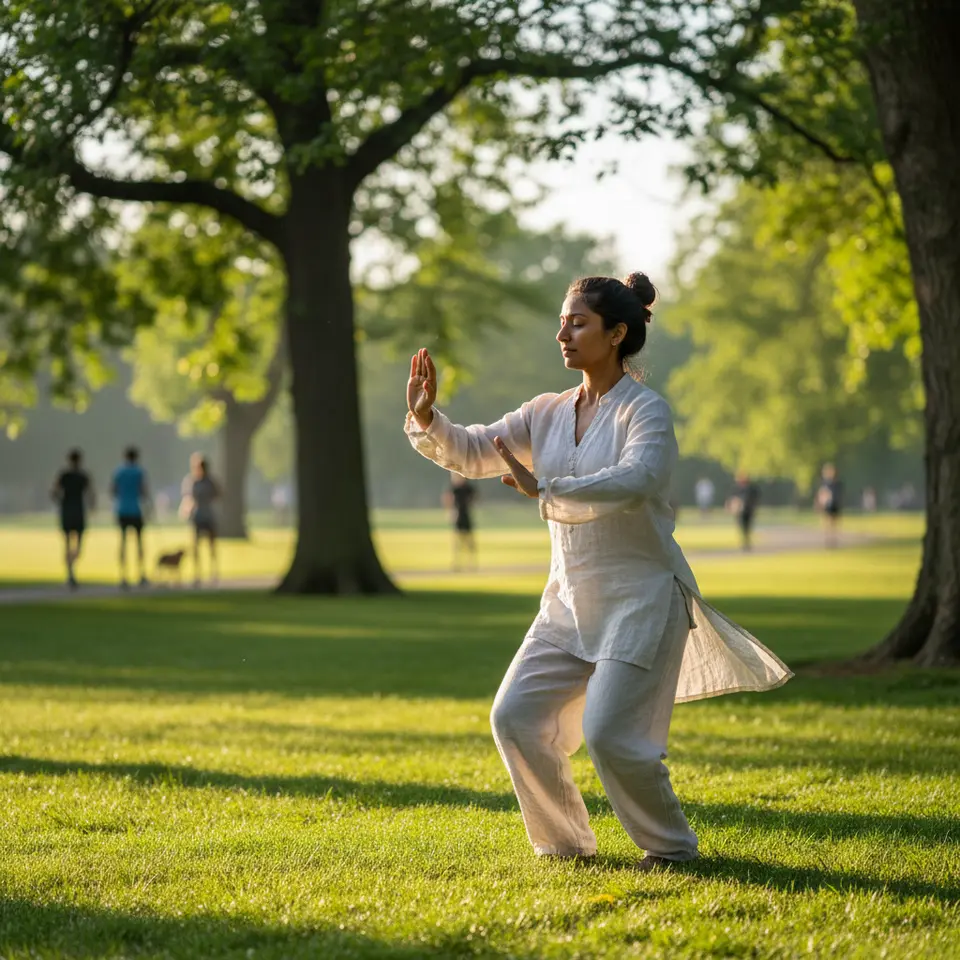 A tranquil outdoor scene of a person practicing yoga or tai chi at sunrise in a lush green park: fluid body movements, focused breathing, and soft morning light highlighting a mind-body exercise routine designed to reduce stress and strengthen immune defenses.