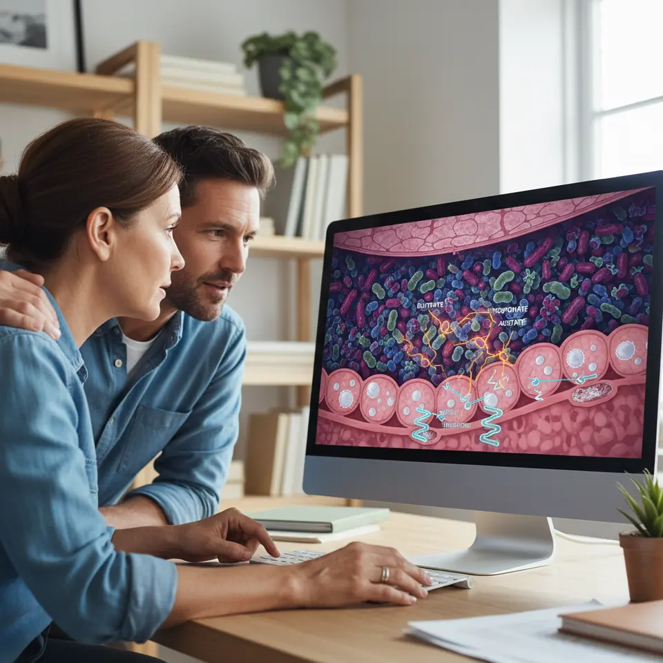 Cross-sectional illustration of the human gut showcasing trillions of diverse microbes in the large intestine: beneficial bacteria producing short-chain fatty acids (butyrate, propionate, acetate), immune cells interacting at the gut barrier, and tight junction icons to represent barrier integrity.