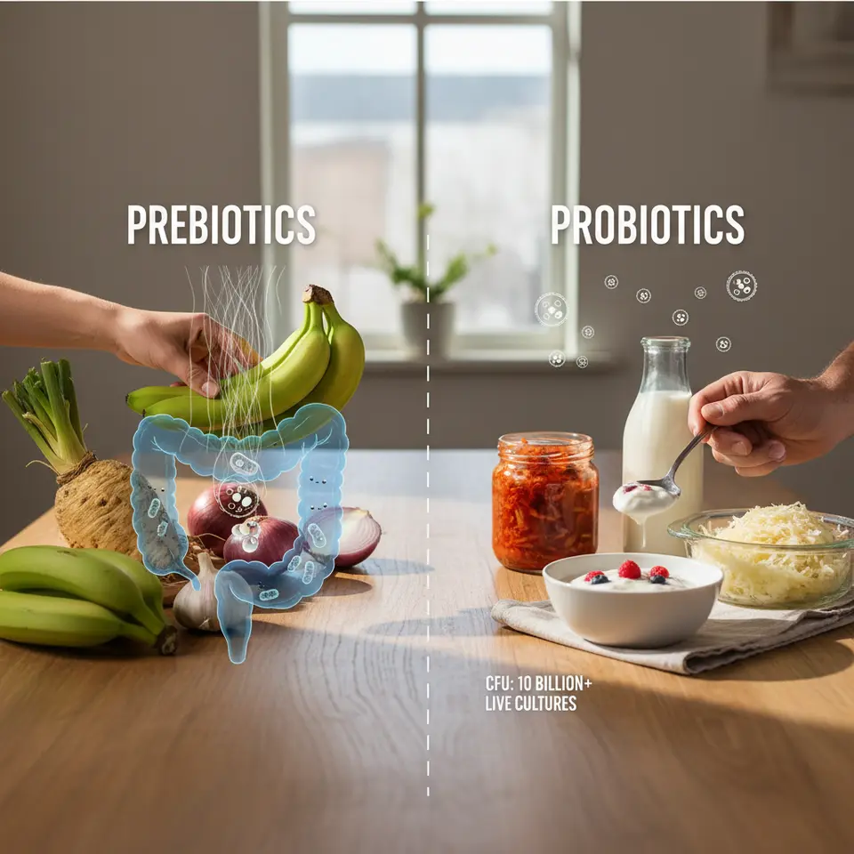 Split-screen infographic contrasting prebiotics and probiotics: left side features prebiotic-rich foods (chicory root, garlic, onions, green bananas) with fiber particles traveling down to colon bacteria; right side displays probiotic sources (yogurt, kimchi, kefir, sauerkraut) with live bacterial culture icons and CFU counts.
